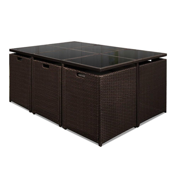 11 Piece Pe Wicker Outdoor Rattan Dining Set - Brown - Furniture Dining