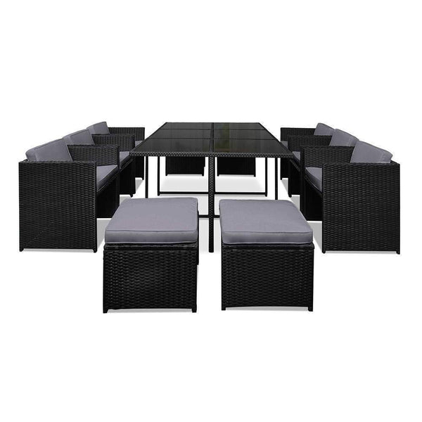 11 Piece Pe Wicker Outdoor Rattan Dining Set - Black - Furniture Outdoor