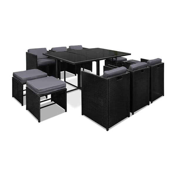 11 Piece Pe Wicker Outdoor Rattan Dining Set - Black - Furniture Outdoor