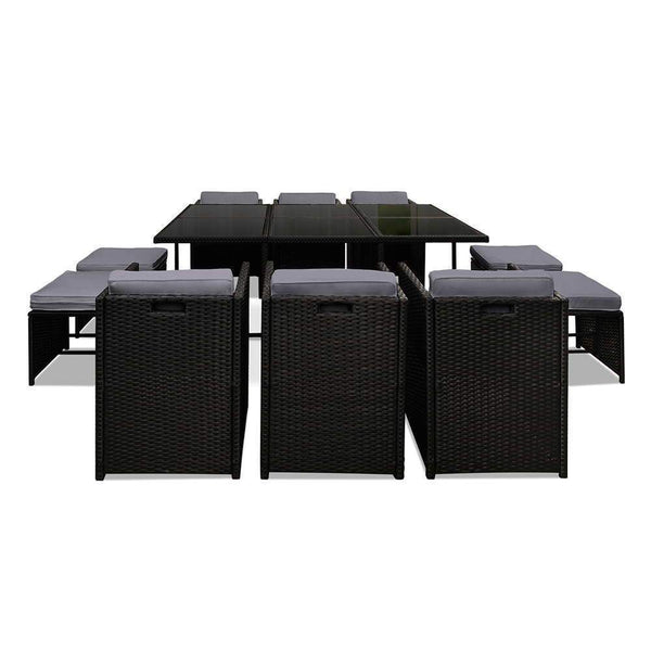11 Piece Pe Wicker Outdoor Rattan Dining Set - Black - Furniture Outdoor
